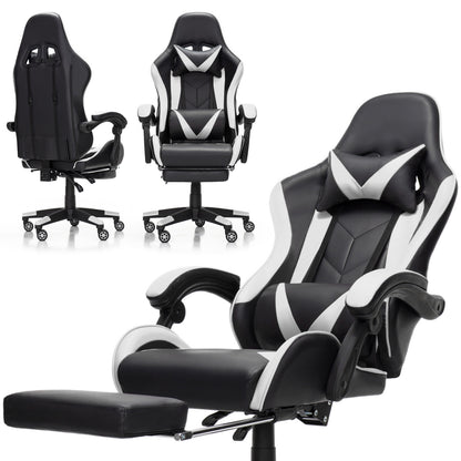 Scaun Gaming Reglabil idealStore eSPORT, Suport pentru Picioare Retractabil, Cotiere reglabile, Perne Confortabile, Modificare inclinatie spatar, Alb Negru
