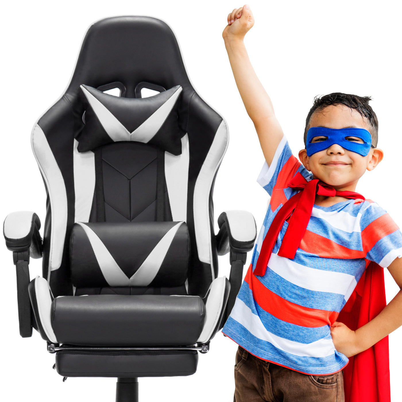 Scaun Gaming Reglabil idealStore eSPORT, Suport pentru Picioare Retractabil, Cotiere reglabile, Perne Confortabile, Modificare inclinatie spatar, Alb Negru