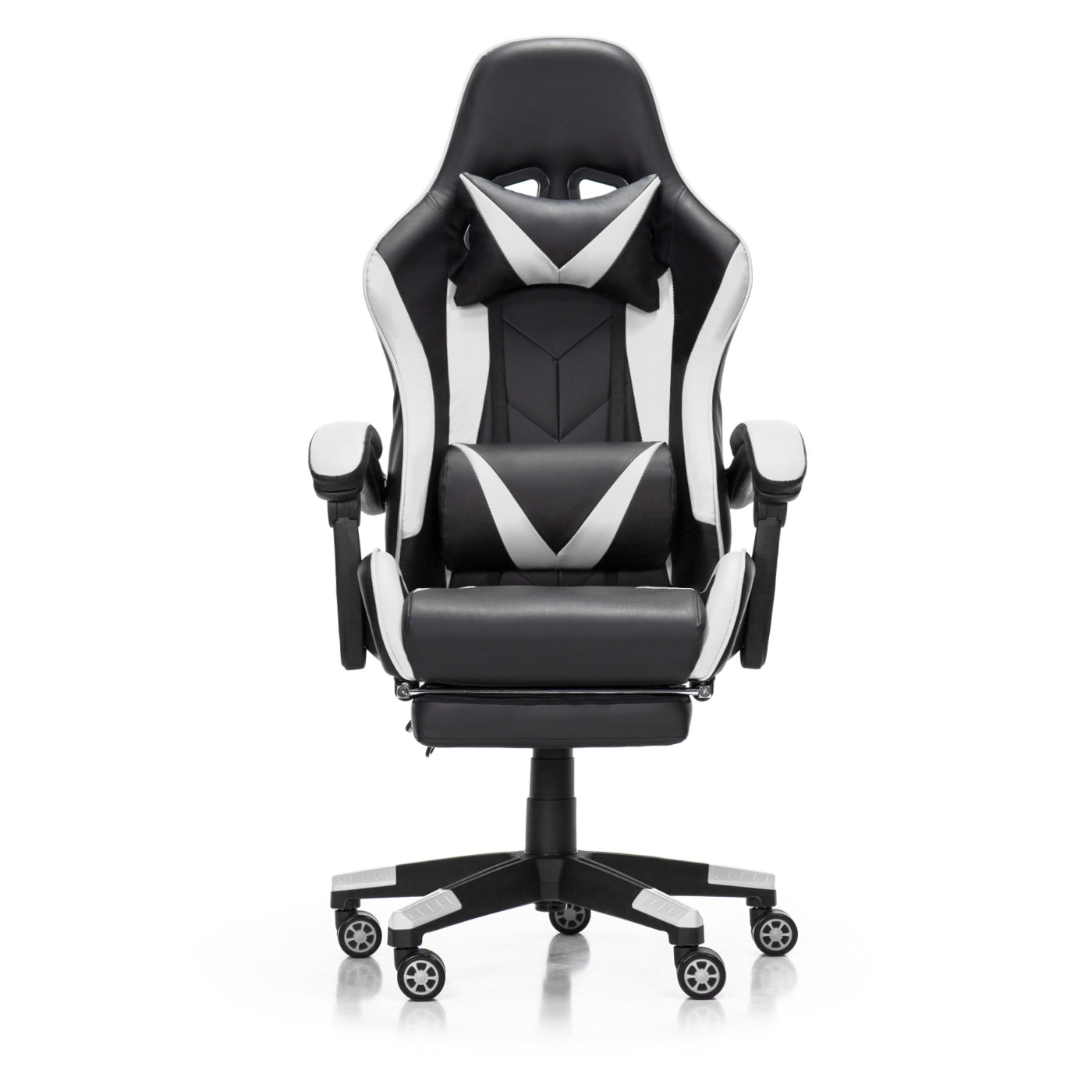Scaun Gaming Reglabil idealStore eSPORT, Suport pentru Picioare Retractabil, Cotiere reglabile, Perne Confortabile, Modificare inclinatie spatar, Alb Negru