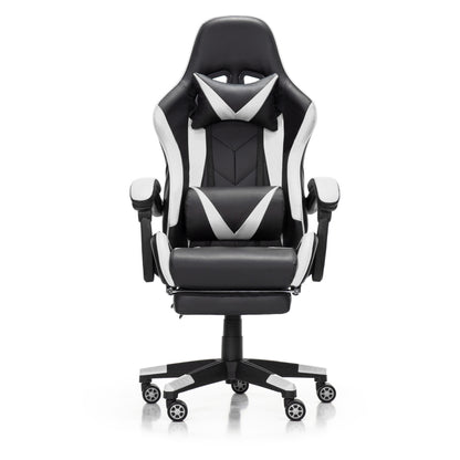 Scaun Gaming Reglabil idealStore eSPORT, Suport pentru Picioare Retractabil, Cotiere reglabile, Perne Confortabile, Modificare inclinatie spatar, Alb Negru