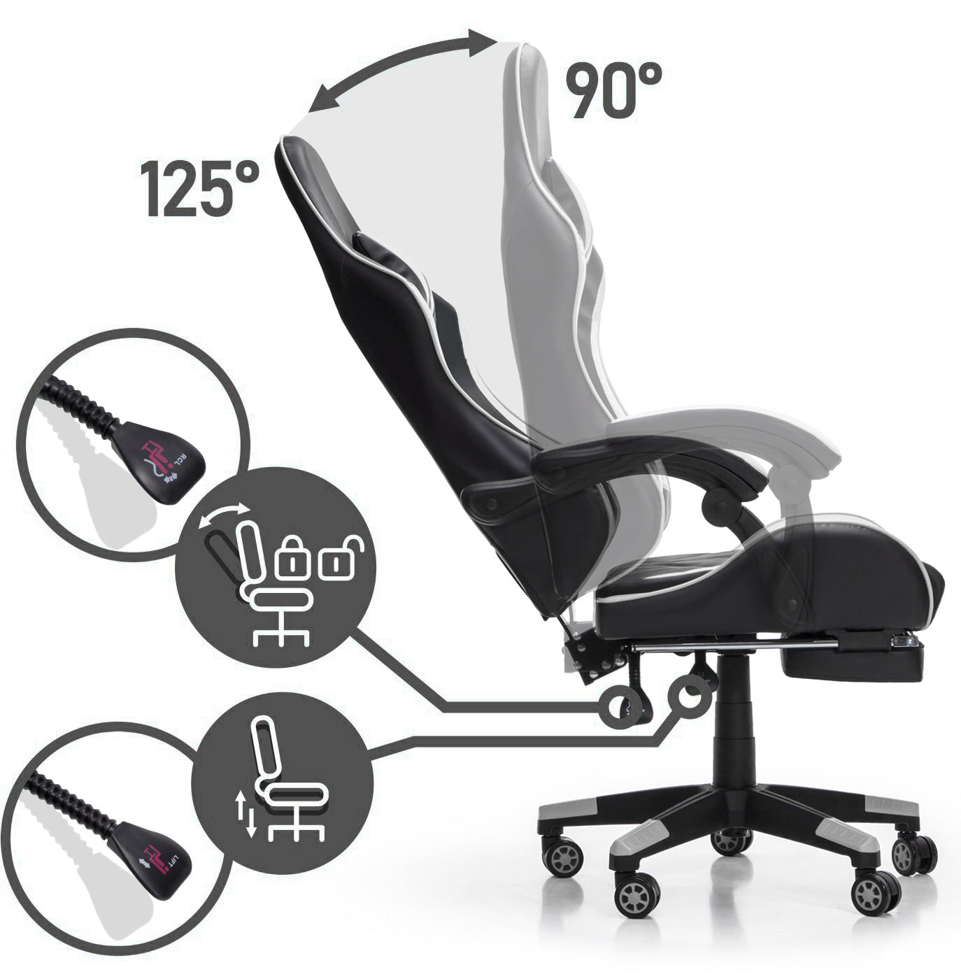 Scaun Gaming Reglabil idealStore eSPORT, Suport pentru Picioare Retractabil, Cotiere reglabile, Perne Confortabile, Modificare inclinatie spatar, Alb Negru