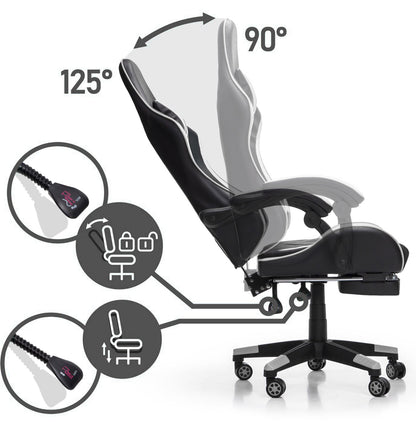 Scaun Gaming Reglabil idealStore eSPORT, Suport pentru Picioare Retractabil, Cotiere reglabile, Perne Confortabile, Modificare inclinatie spatar, Alb Negru
