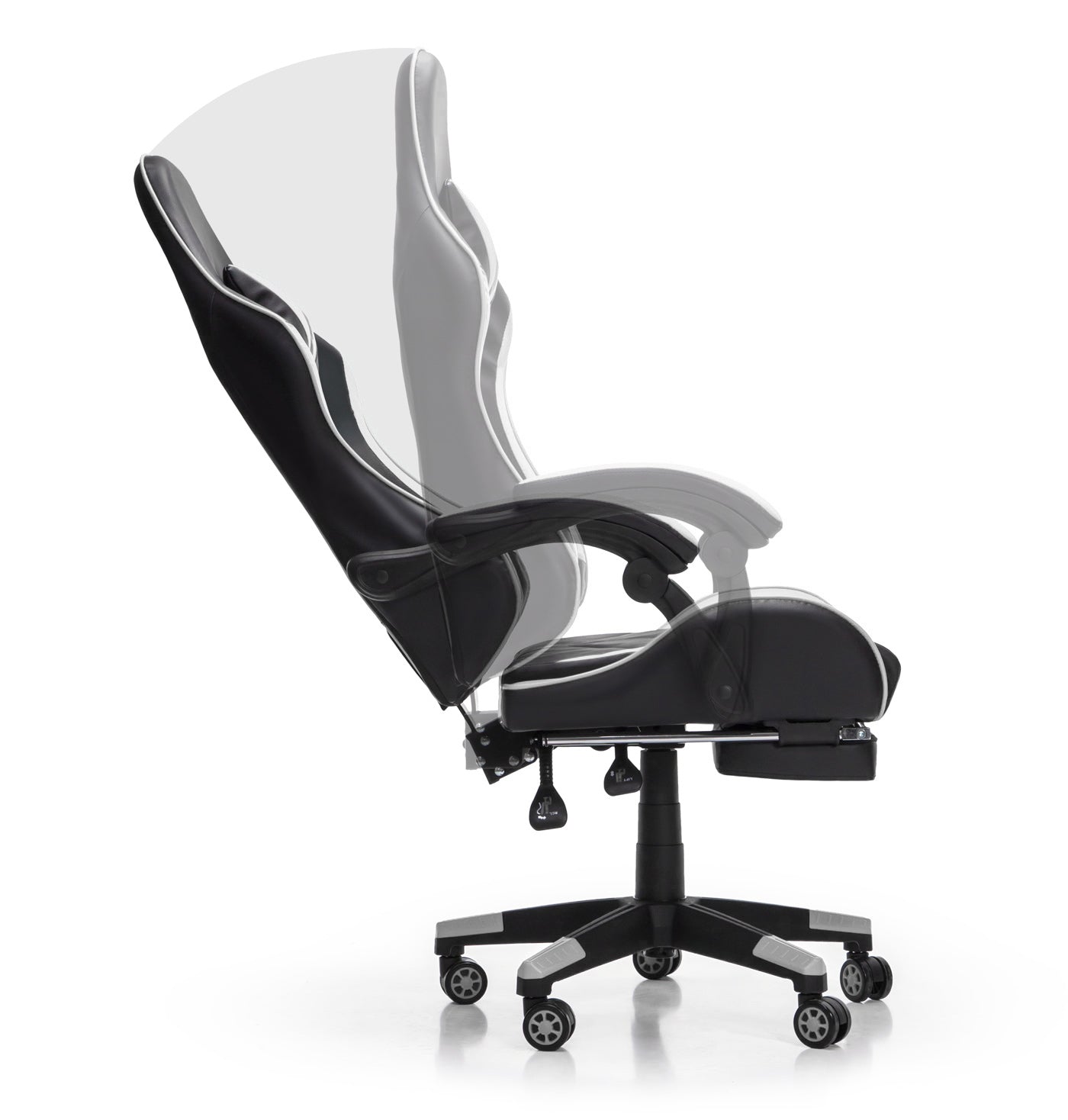 Scaun Gaming Reglabil idealStore eSPORT, Suport pentru Picioare Retractabil, Cotiere reglabile, Perne Confortabile, Modificare inclinatie spatar, Alb Negru