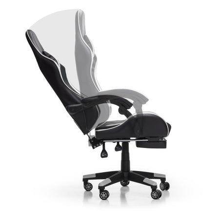 Scaun Gaming Reglabil idealStore eSPORT, Suport pentru Picioare Retractabil, Cotiere reglabile, Perne Confortabile, Modificare inclinatie spatar, Alb Negru