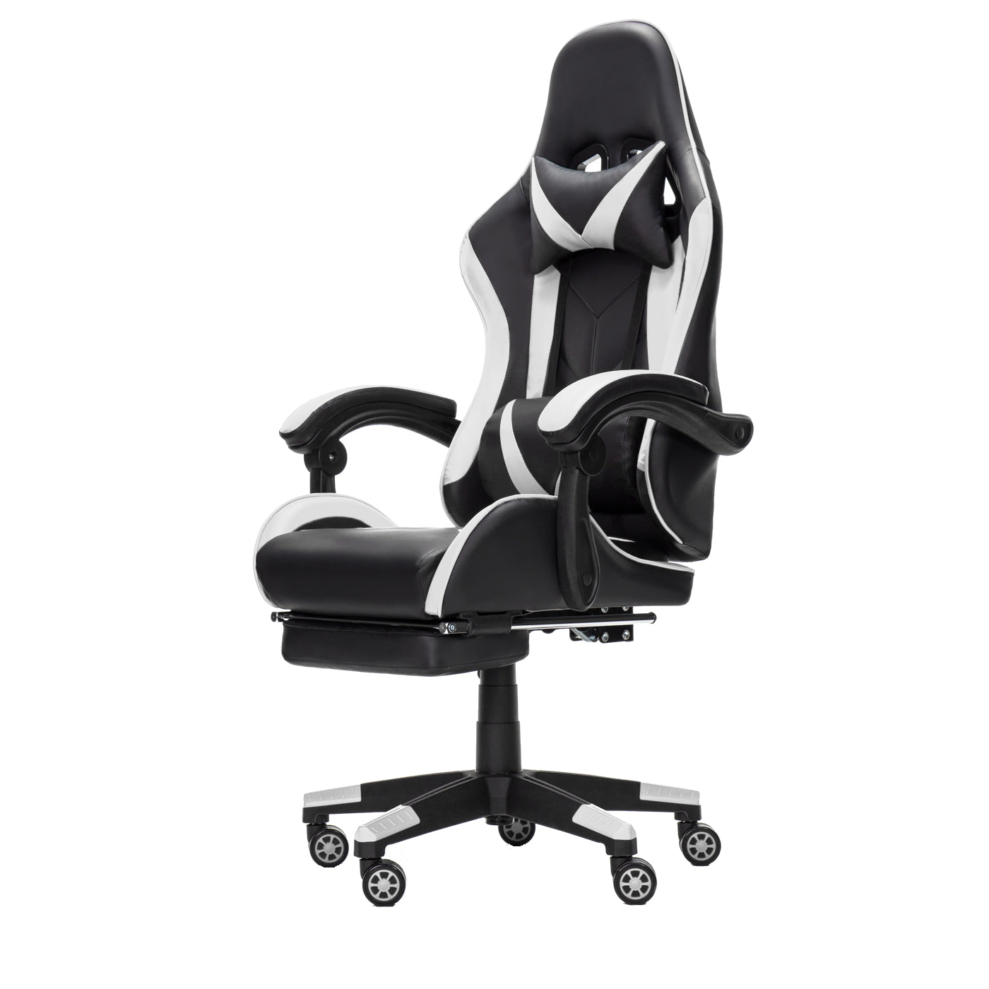 Scaun Gaming Reglabil idealStore eSPORT, Suport pentru Picioare Retractabil, Cotiere reglabile, Perne Confortabile, Modificare inclinatie spatar, Alb Negru