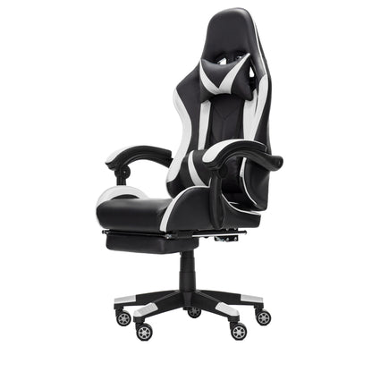 Scaun Gaming Reglabil idealStore eSPORT, Suport pentru Picioare Retractabil, Cotiere reglabile, Perne Confortabile, Modificare inclinatie spatar, Alb Negru