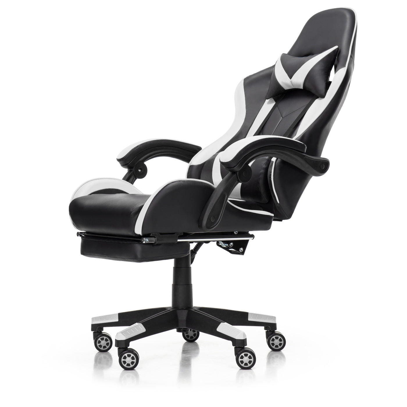 Scaun Gaming Reglabil idealStore eSPORT, Suport pentru Picioare Retractabil, Cotiere reglabile, Perne Confortabile, Modificare inclinatie spatar, Alb Negru