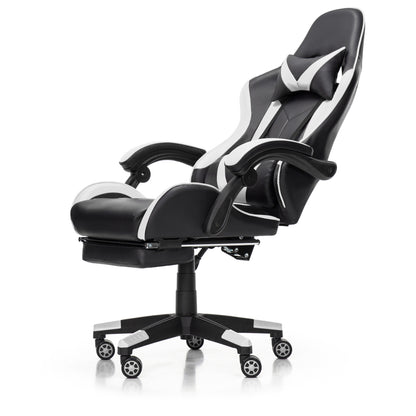 Scaun Gaming Reglabil idealStore eSPORT, Suport pentru Picioare Retractabil, Cotiere reglabile, Perne Confortabile, Modificare inclinatie spatar, Alb Negru