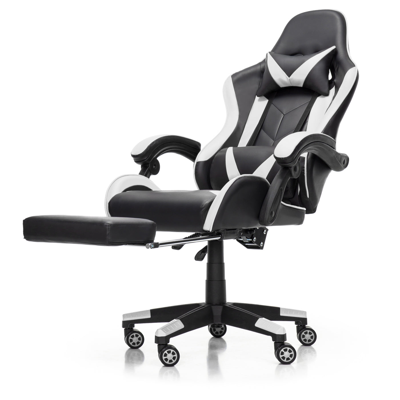 Scaun Gaming Reglabil idealStore eSPORT, Suport pentru Picioare Retractabil, Cotiere reglabile, Perne Confortabile, Modificare inclinatie spatar, Alb Negru