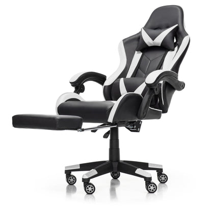 Scaun Gaming Reglabil idealStore eSPORT, Suport pentru Picioare Retractabil, Cotiere reglabile, Perne Confortabile, Modificare inclinatie spatar, Alb Negru