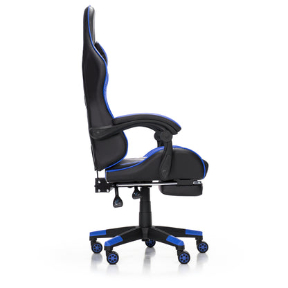 Scaun Gaming Reglabil idealStore eSPORT, Suport pentru Picioare Retractabil, Cotiere reglabile, Perne Confortabile, Modificare inclinatie spatar, Albastru Negru