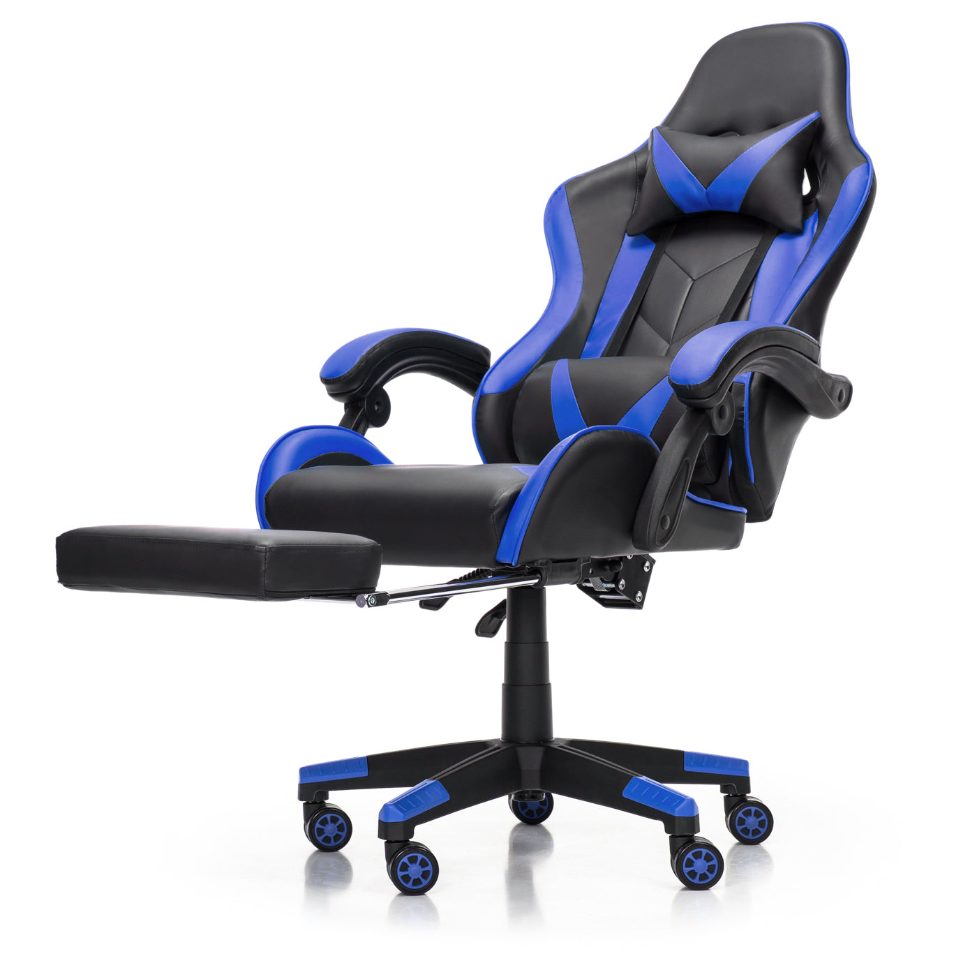 Scaun Gaming Reglabil idealStore eSPORT, Suport pentru Picioare Retractabil, Cotiere reglabile, Perne Confortabile, Modificare inclinatie spatar, Albastru Negru