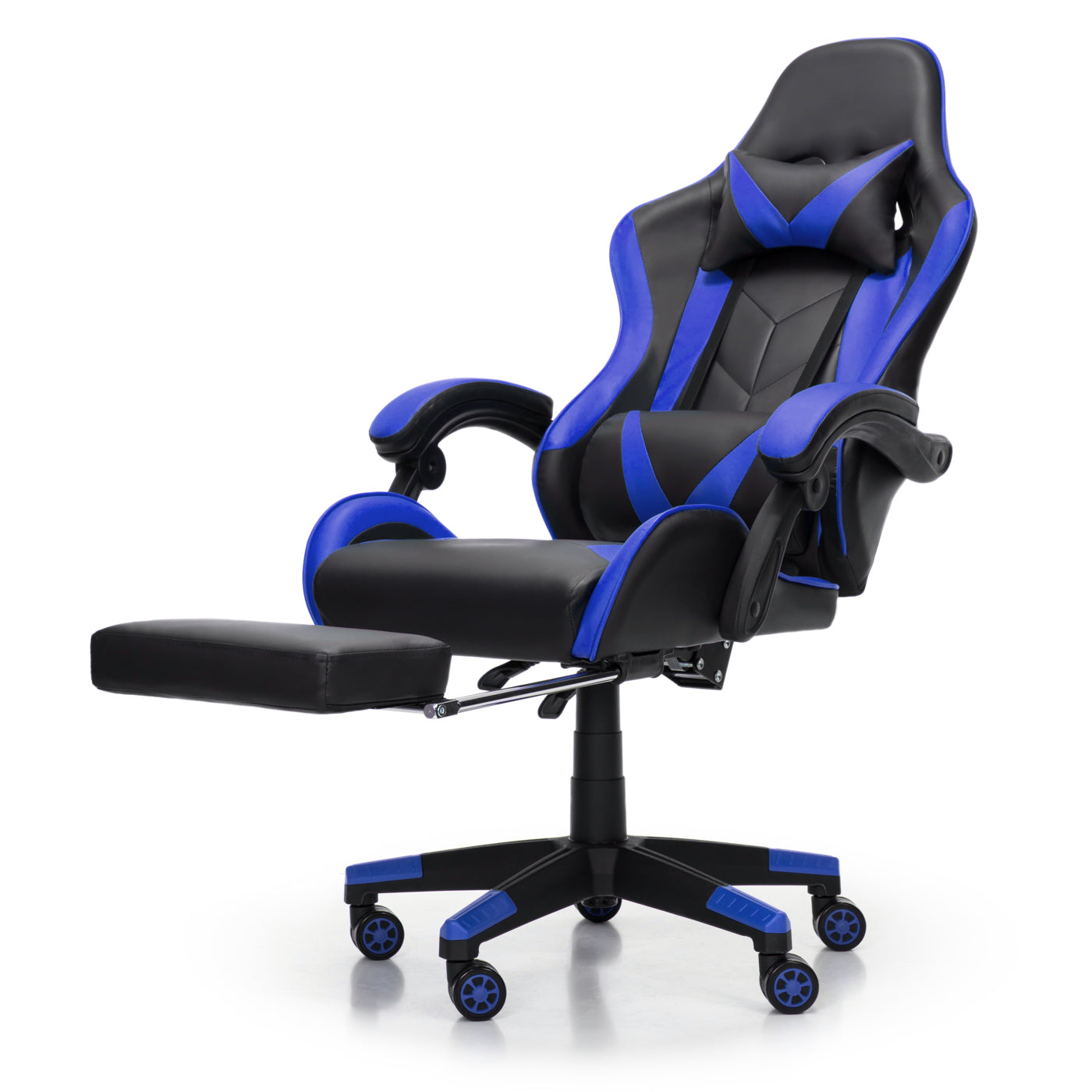Scaun Gaming Reglabil idealStore eSPORT, Suport pentru Picioare Retractabil, Cotiere reglabile, Perne Confortabile, Modificare inclinatie spatar, Albastru Negru