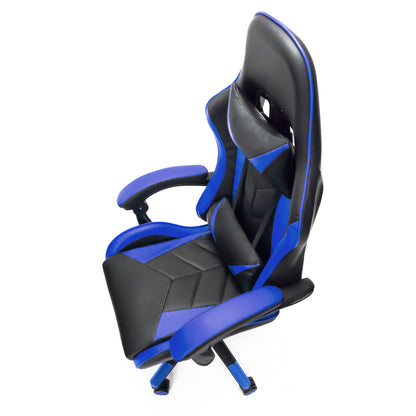Scaun Gaming Reglabil idealStore eSPORT, Suport pentru Picioare Retractabil, Cotiere reglabile, Perne Confortabile, Modificare inclinatie spatar, Albastru Negru