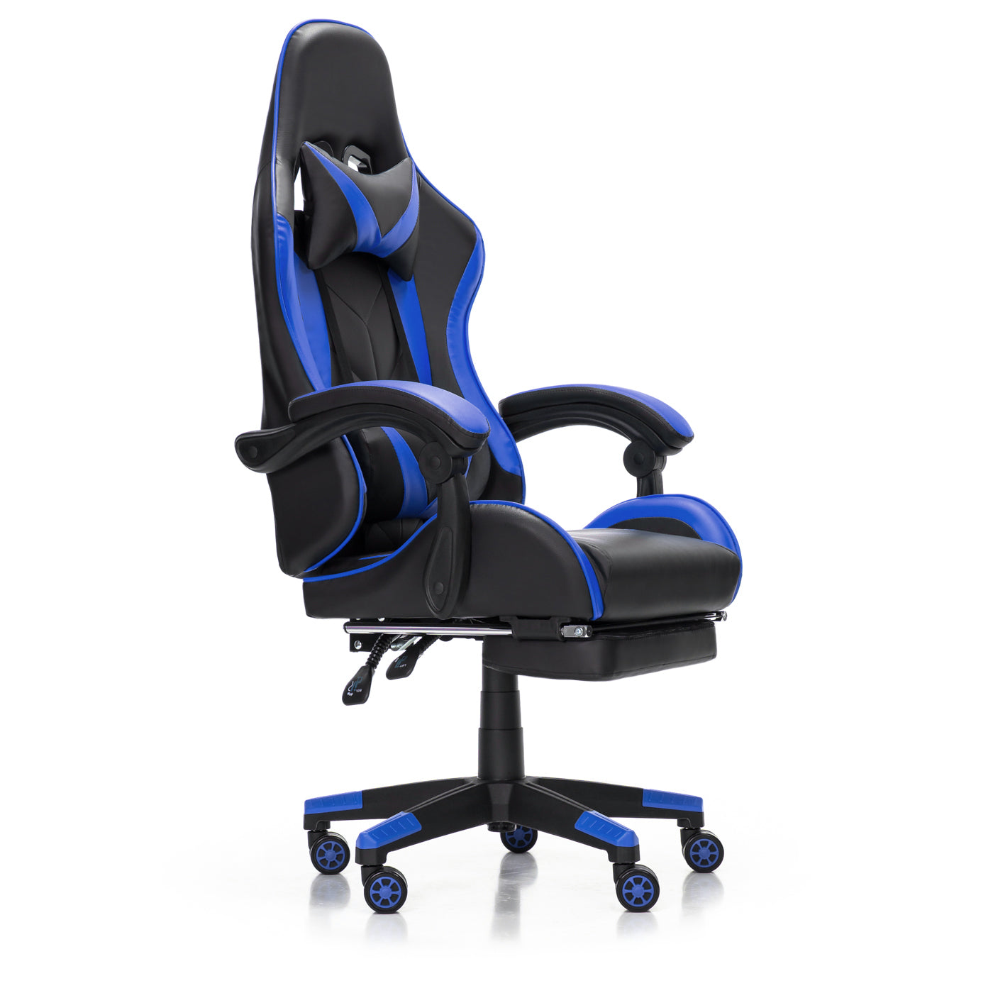 Scaun Gaming Reglabil idealStore eSPORT, Suport pentru Picioare Retractabil, Cotiere reglabile, Perne Confortabile, Modificare inclinatie spatar, Albastru Negru