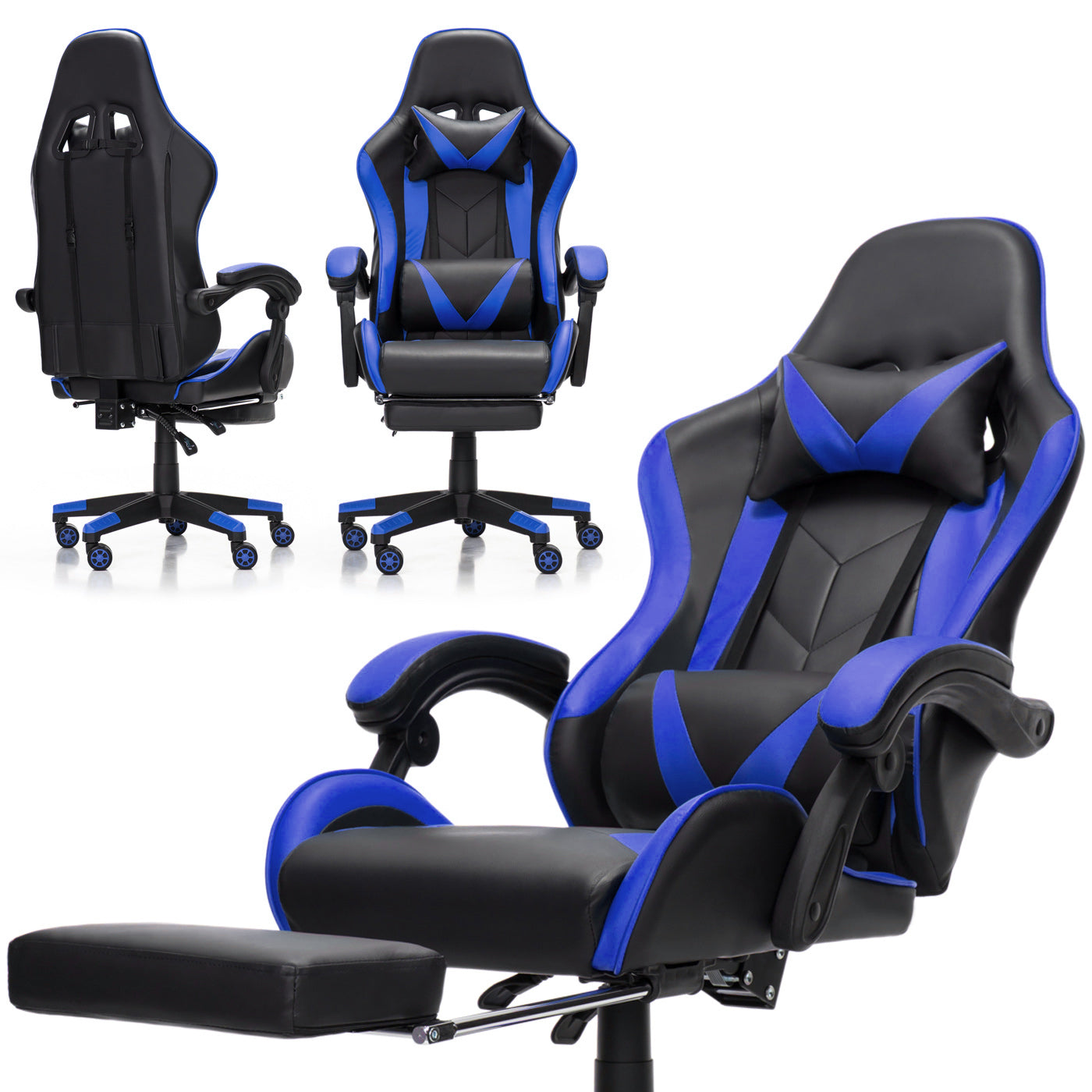 Scaun Gaming Reglabil idealStore eSPORT, Suport pentru Picioare Retractabil, Cotiere reglabile, Perne Confortabile, Modificare inclinatie spatar, Albastru Negru