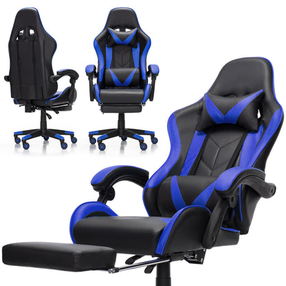 Scaun Gaming Reglabil idealStore eSPORT, Suport pentru Picioare Retractabil, Cotiere reglabile, Perne Confortabile, Modificare inclinatie spatar, Albastru Negru