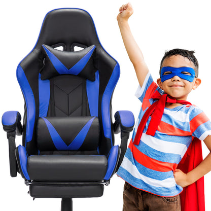 Scaun Gaming Reglabil idealStore eSPORT, Suport pentru Picioare Retractabil, Cotiere reglabile, Perne Confortabile, Modificare inclinatie spatar, Albastru Negru