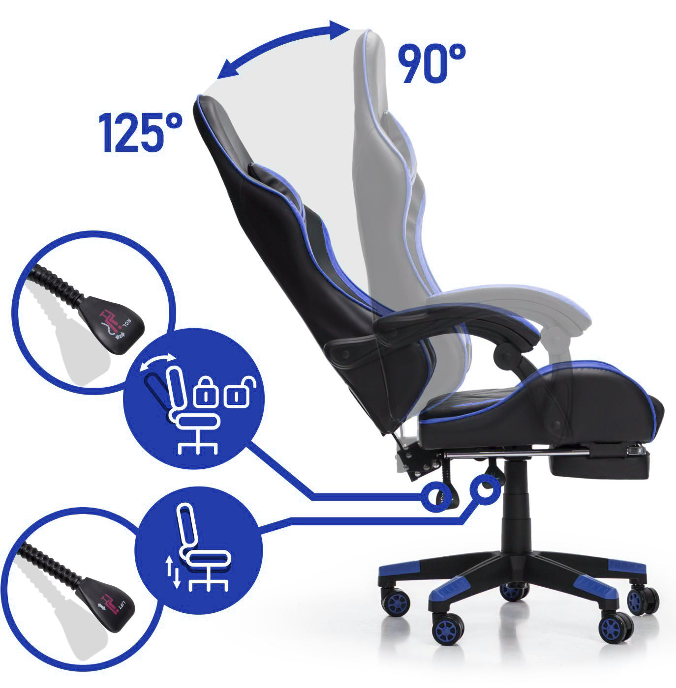 Scaun Gaming Reglabil idealStore eSPORT, Suport pentru Picioare Retractabil, Cotiere reglabile, Perne Confortabile, Modificare inclinatie spatar, Albastru Negru