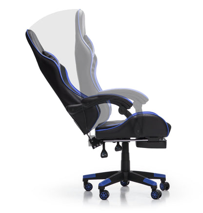 Scaun Gaming Reglabil idealStore eSPORT, Suport pentru Picioare Retractabil, Cotiere reglabile, Perne Confortabile, Modificare inclinatie spatar, Albastru Negru