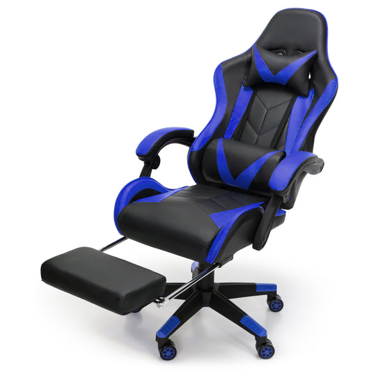 Scaun Gaming Reglabil idealStore eSPORT, Suport pentru Picioare Retractabil, Cotiere reglabile, Perne Confortabile, Modificare inclinatie spatar, Albastru Negru