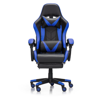 Scaun Gaming Reglabil idealStore eSPORT, Suport pentru Picioare Retractabil, Cotiere reglabile, Perne Confortabile, Modificare inclinatie spatar, Albastru Negru