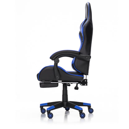 Scaun Gaming Reglabil idealStore eSPORT, Suport pentru Picioare Retractabil, Cotiere reglabile, Perne Confortabile, Modificare inclinatie spatar, Albastru Negru