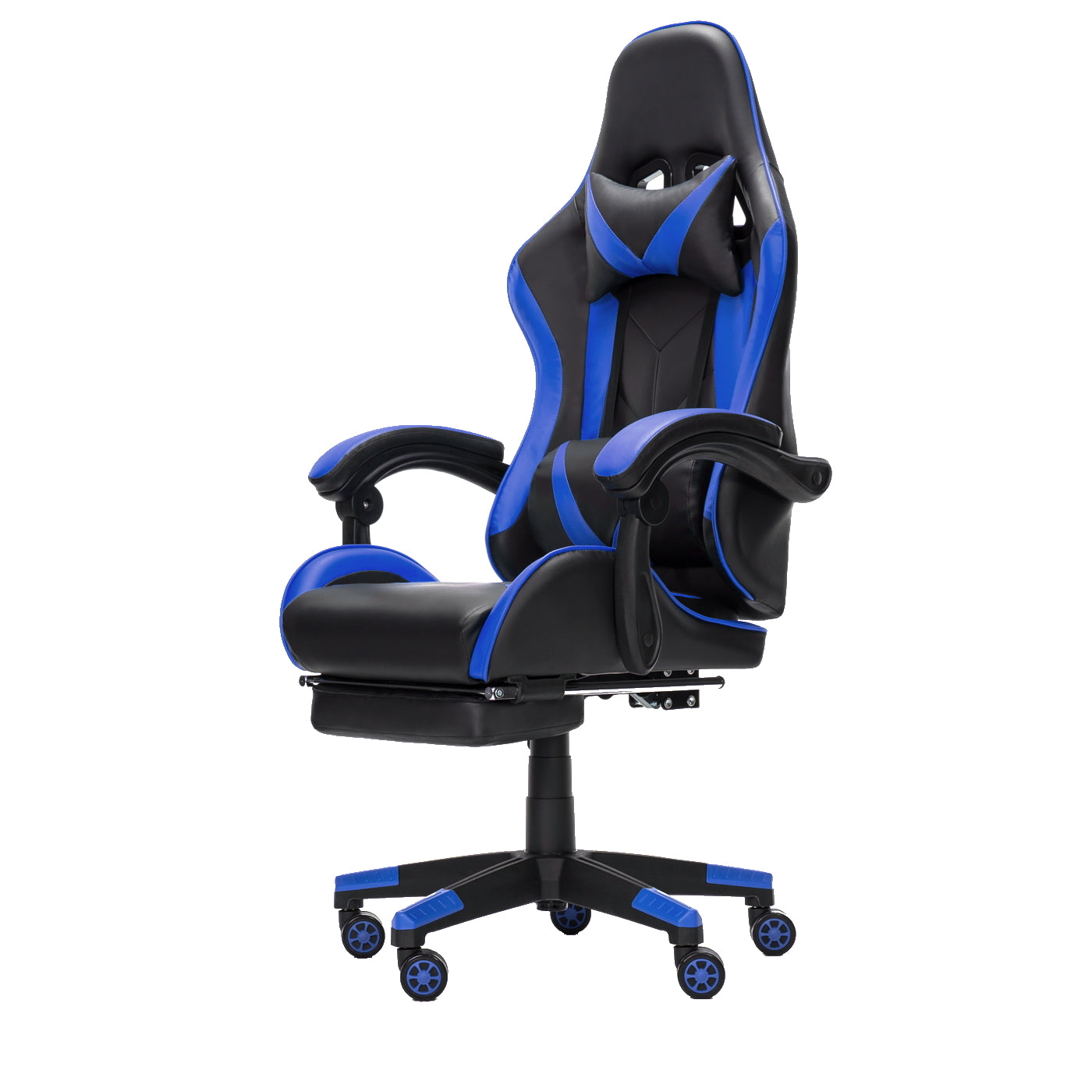 Scaun Gaming Reglabil idealStore eSPORT, Suport pentru Picioare Retractabil, Cotiere reglabile, Perne Confortabile, Modificare inclinatie spatar, Albastru Negru