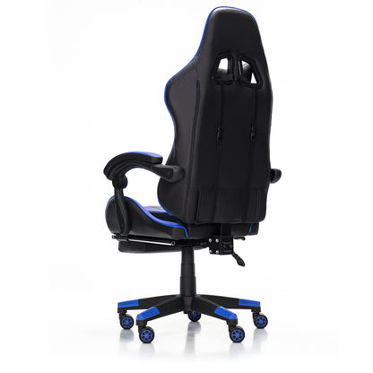 Scaun Gaming Reglabil idealStore eSPORT, Suport pentru Picioare Retractabil, Cotiere reglabile, Perne Confortabile, Modificare inclinatie spatar, Albastru Negru