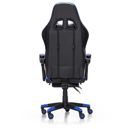Scaun Gaming Reglabil idealStore eSPORT, Suport pentru Picioare Retractabil, Cotiere reglabile, Perne Confortabile, Modificare inclinatie spatar, Albastru Negru