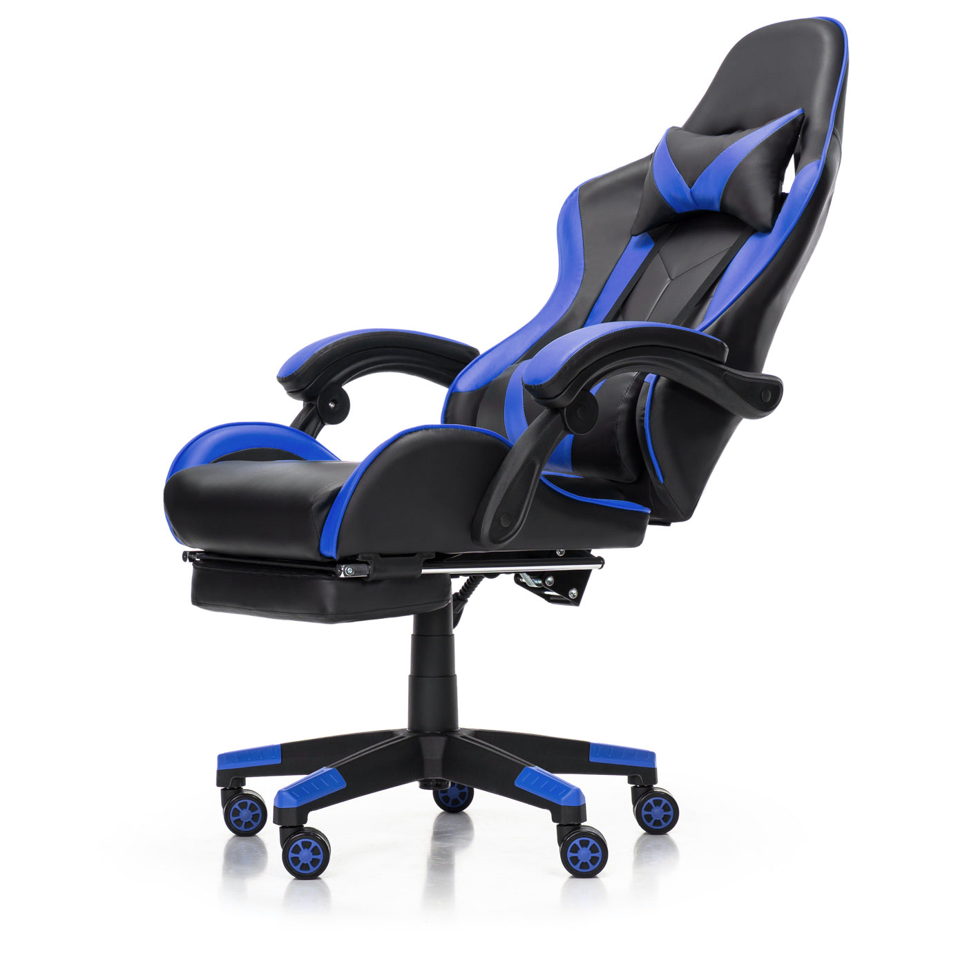 Scaun Gaming Reglabil idealStore eSPORT, Suport pentru Picioare Retractabil, Cotiere reglabile, Perne Confortabile, Modificare inclinatie spatar, Albastru Negru