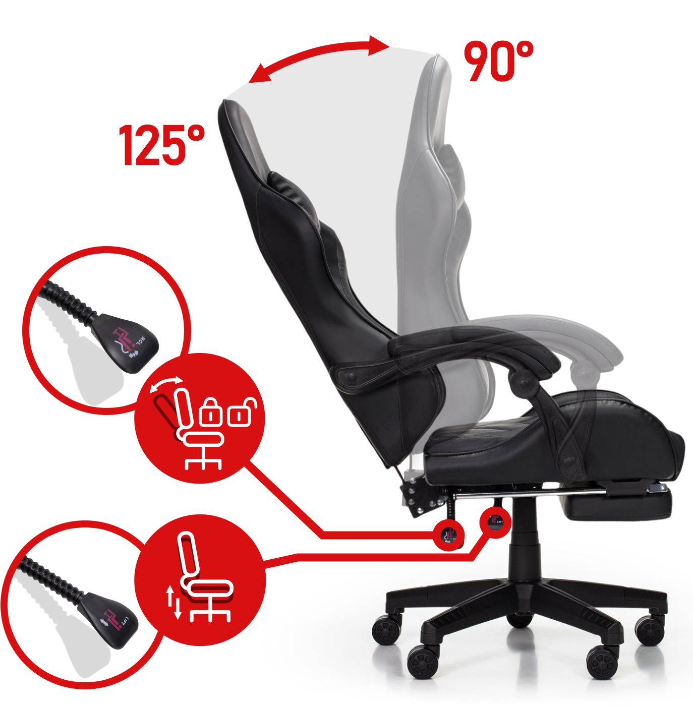 Scaun Gaming Reglabil idealStore eSPORT, Suport pentru Picioare Retractabil, Cotiere reglabile, Perne Confortabile, Modificare inclinatie spatar, Carbon