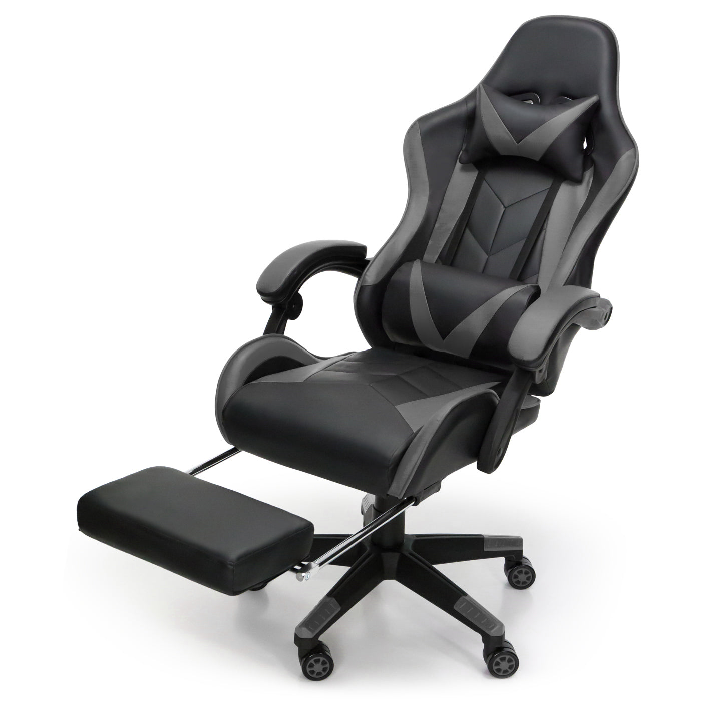 Scaun Gaming Reglabil idealStore eSPORT, Suport pentru Picioare Retractabil, Cotiere reglabile, Perne Confortabile, Modificare inclinatie spatar, Negru Gri