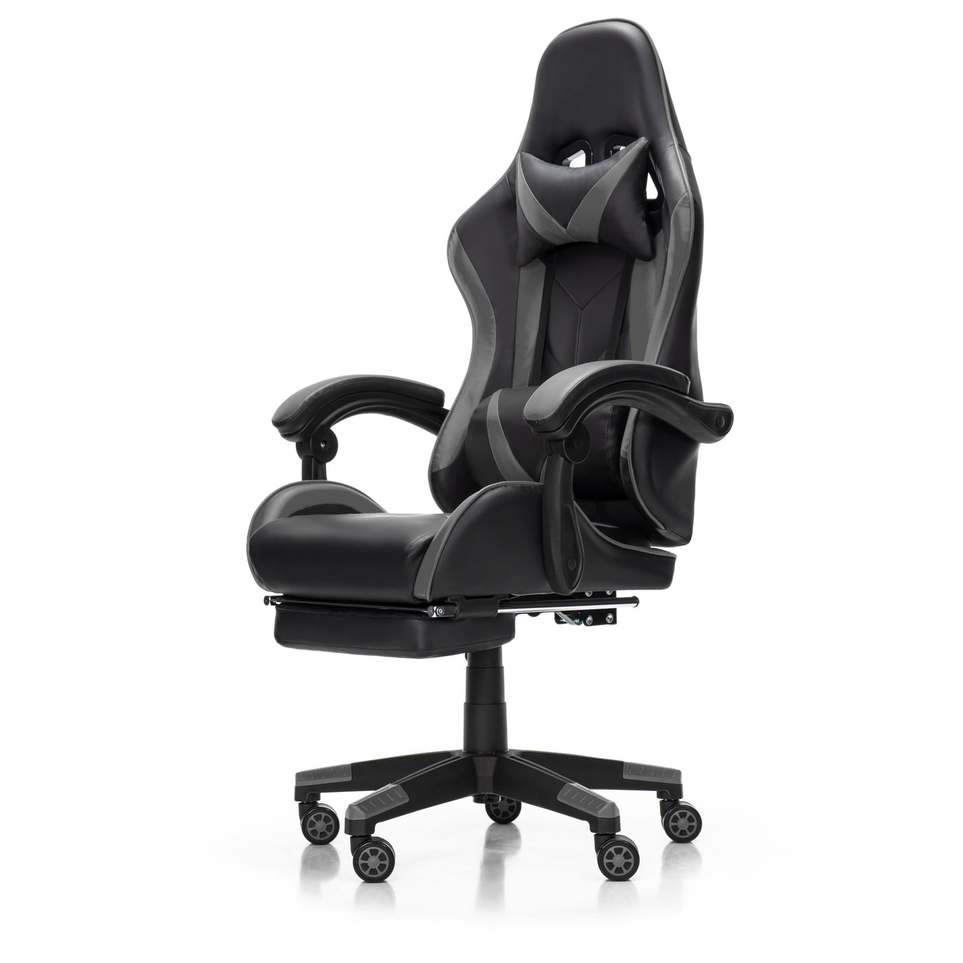 Scaun Gaming Reglabil idealStore eSPORT, Suport pentru Picioare Retractabil, Cotiere reglabile, Perne Confortabile, Modificare inclinatie spatar, Negru Gri