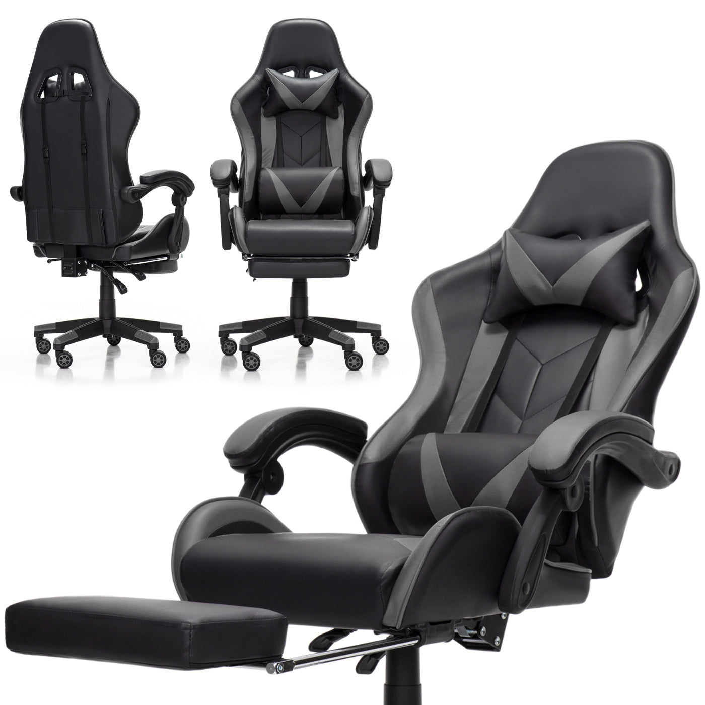 Scaun Gaming Reglabil idealStore eSPORT, Suport pentru Picioare Retractabil, Cotiere reglabile, Perne Confortabile, Modificare inclinatie spatar, Negru Gri