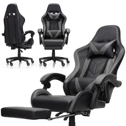 Scaun Gaming Reglabil idealStore eSPORT, Suport pentru Picioare Retractabil, Cotiere reglabile, Perne Confortabile, Modificare inclinatie spatar, Negru Gri