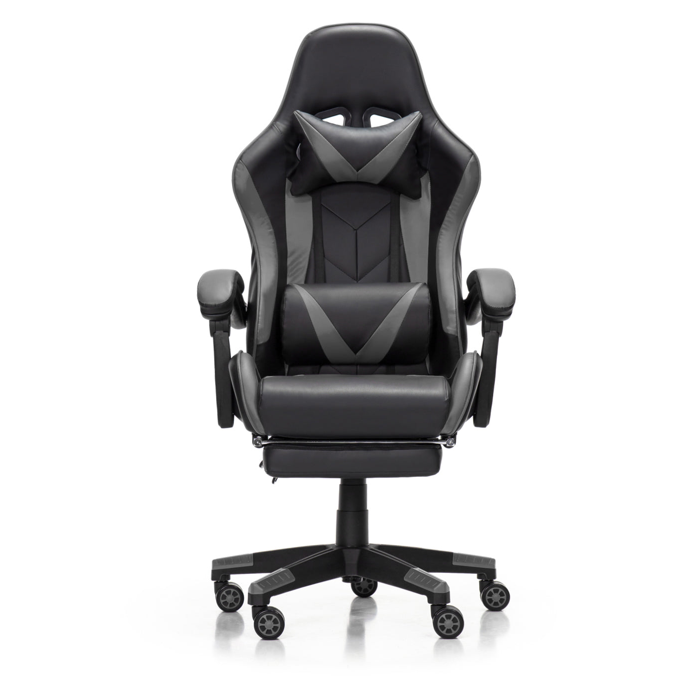 Scaun Gaming Reglabil idealStore eSPORT, Suport pentru Picioare Retractabil, Cotiere reglabile, Perne Confortabile, Modificare inclinatie spatar, Negru Gri