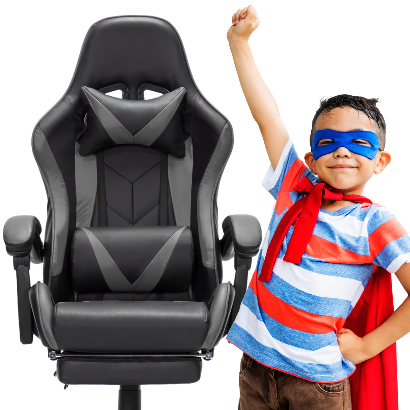 Scaun Gaming Reglabil idealStore eSPORT, Suport pentru Picioare Retractabil, Cotiere reglabile, Perne Confortabile, Modificare inclinatie spatar, Negru Gri