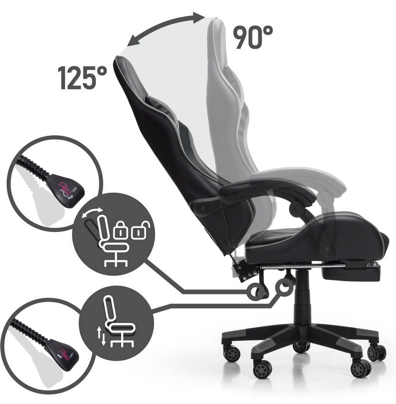 Scaun Gaming Reglabil idealStore eSPORT, Suport pentru Picioare Retractabil, Cotiere reglabile, Perne Confortabile, Modificare inclinatie spatar, Negru Gri