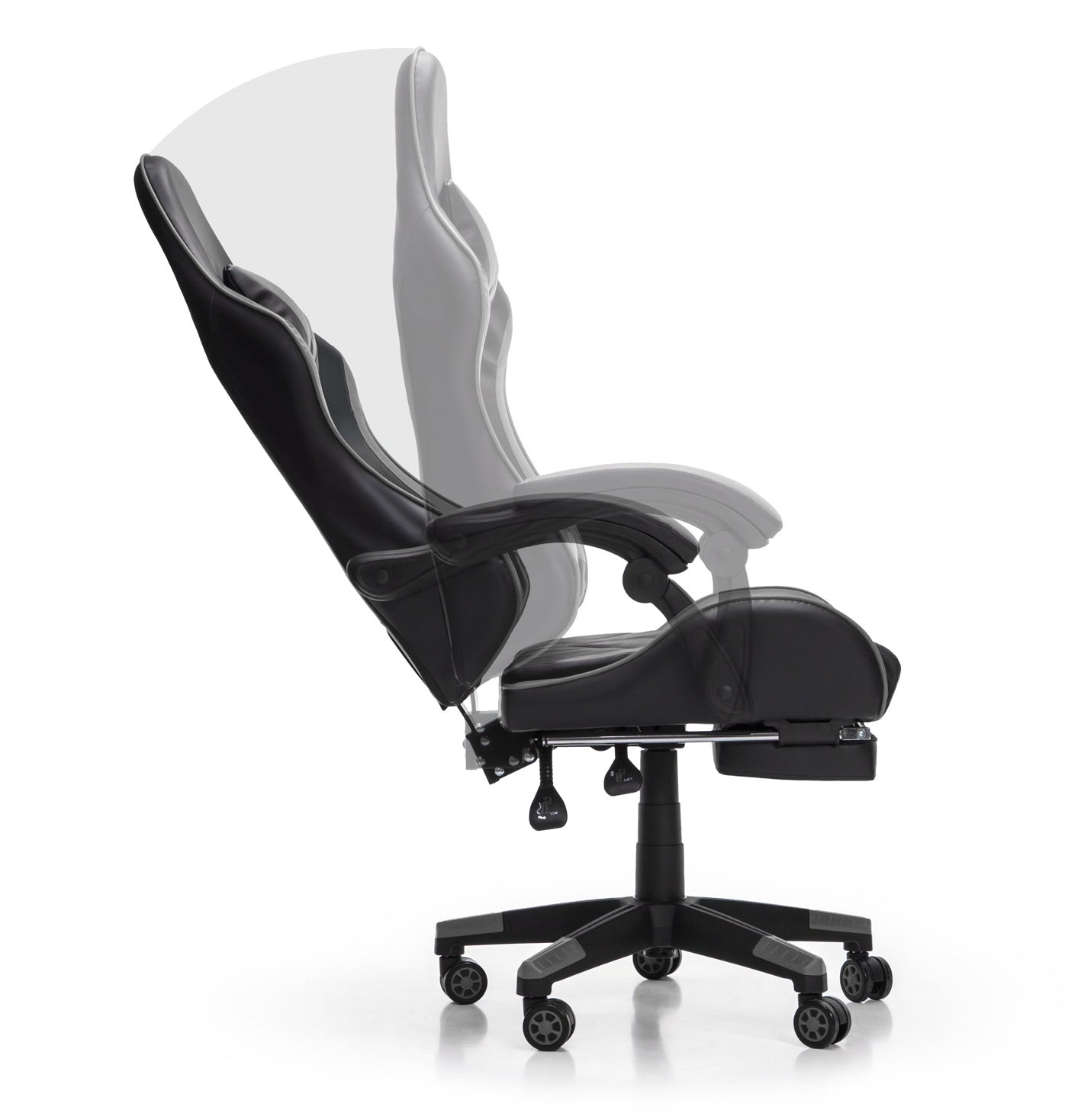 Scaun Gaming Reglabil idealStore eSPORT, Suport pentru Picioare Retractabil, Cotiere reglabile, Perne Confortabile, Modificare inclinatie spatar, Negru Gri