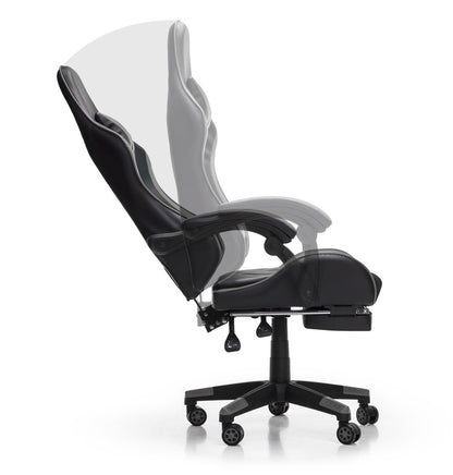 Scaun Gaming Reglabil idealStore eSPORT, Suport pentru Picioare Retractabil, Cotiere reglabile, Perne Confortabile, Modificare inclinatie spatar, Negru Gri