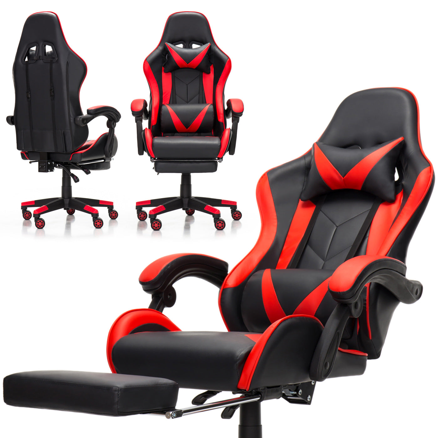 Scaun Gaming Reglabil idealStore eSPORT, Suport pentru Picioare Retractabil, Cotiere reglabile, Perne Confortabile, Modificare inclinatie spatar, Red Black