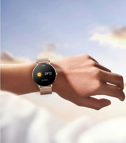 Smartwatch idealSTORE FineTouch2.1, Ecran Amoled, Ultra Subtire, Monitor de Sanatate, 22 Moduri Sport, 30 zile Standby, Buton Lateral, Senzor de Oxigen, Monitorizare Ritm Cardiac, Somn, Respiratie, Bratara Metalica Gold