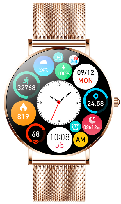 Smartwatch idealSTORE FineTouch2.1, Ecran Amoled, Ultra Subtire, Monitor de Sanatate, 22 Moduri Sport, 30 zile Standby, Buton Lateral, Senzor de Oxigen, Monitorizare Ritm Cardiac, Somn, Respiratie, Bratara Metalica Gold