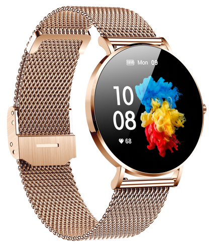 Smartwatch idealSTORE FineTouch2.1, Ecran Amoled, Ultra Subtire, Monitor de Sanatate, 22 Moduri Sport, 30 zile Standby, Buton Lateral, Senzor de Oxigen, Monitorizare Ritm Cardiac, Somn, Respiratie, Bratara Metalica Gold
