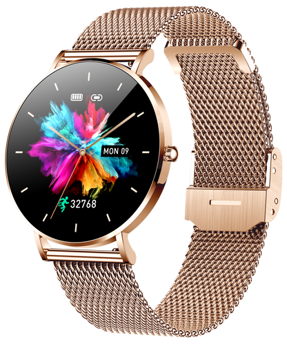 Smartwatch idealSTORE FineTouch2.1, Ecran Amoled, Ultra Subtire, Monitor de Sanatate, 22 Moduri Sport, 30 zile Standby, Buton Lateral, Senzor de Oxigen, Monitorizare Ritm Cardiac, Somn, Respiratie, Bratara Metalica Gold