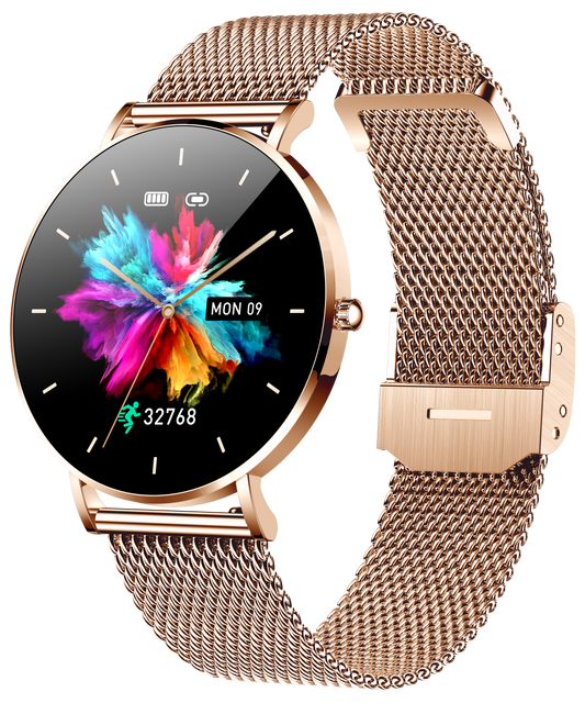 Smartwatch idealSTORE FineTouch2.1, Ecran Amoled, Ultra Subtire, Monitor de Sanatate, 22 Moduri Sport, 30 zile Standby, Buton Lateral, Senzor de Oxigen, Monitorizare Ritm Cardiac, Somn, Respiratie, Bratara Metalica Gold