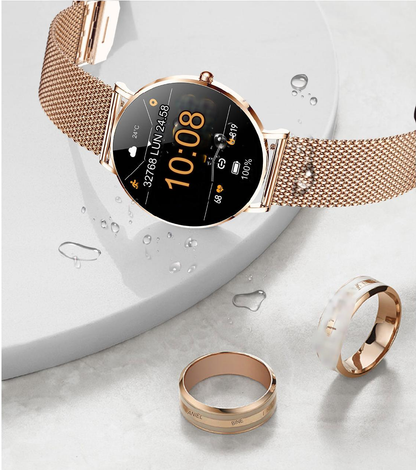 Smartwatch idealSTORE FineTouch2.1, Ecran Amoled, Ultra Subtire, Monitor de Sanatate, 22 Moduri Sport, 30 zile Standby, Buton Lateral, Senzor de Oxigen, Monitorizare Ritm Cardiac, Somn, Respiratie, Bratara Metalica Gold