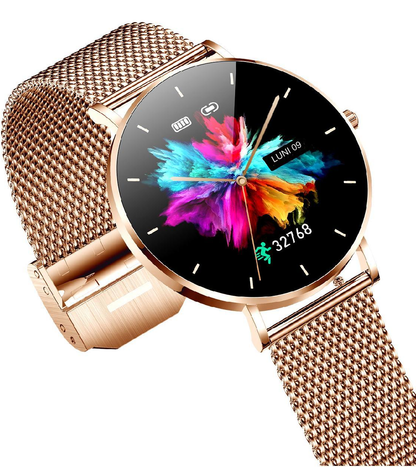 Smartwatch idealSTORE FineTouch2.1, Ecran Amoled, Ultra Subtire, Monitor de Sanatate, 22 Moduri Sport, 30 zile Standby, Buton Lateral, Senzor de Oxigen, Monitorizare Ritm Cardiac, Somn, Respiratie, Bratara Metalica Gold