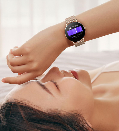 Smartwatch idealSTORE FineTouch2.1, Ecran Amoled, Ultra Subtire, Monitor de Sanatate, 22 Moduri Sport, 30 zile Standby, Buton Lateral, Senzor de Oxigen, Monitorizare Ritm Cardiac, Somn, Respiratie, Bratara Metalica Gold